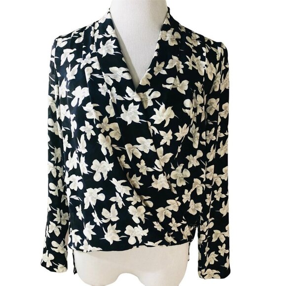 Ann Taylor Tops - Ann Taylor floral navy black wrap front long sleeve blouse top Size XXS